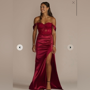 Off-shoulder‎ satin sheath with embroidered corset dress size 14